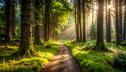 A sunlit forest path winds through tall trees, bathed in golden sunlight, creating a peaceful and serene atmosphere.