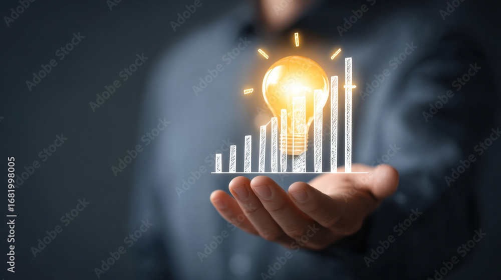 Poster innovative concept of growth represented by light bulb and bar graph, symbolizing ideas and progress