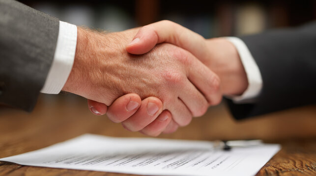 Handshake between two business professionals signifies agreement and collaboration, showcasing trust and partnership in professional setting. document in background represents formal contract