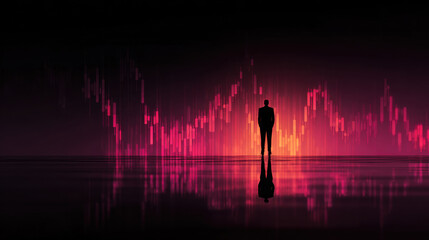 Silhouette of person stands against vibrant background of financial data visualization, showcasing colorful candlestick patterns. scene evokes sense of mystery and intrigue in world of finance