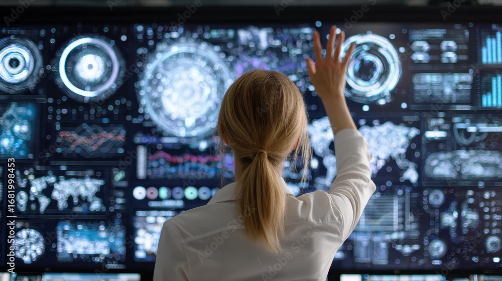 Aufkleber person interacts with large digital display, showcasing various data visualizations and graphs. scen