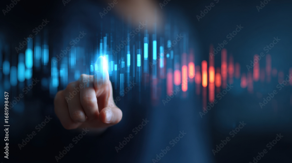 Poster person interacts with digital sound wave display, showcasing vibrant blue and red visualizations. im