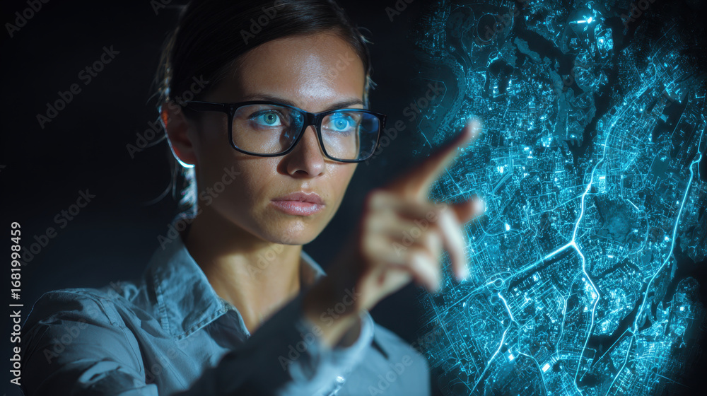 Poster focused woman with glasses interacts with digital map, showcasing advanced technology and data analy
