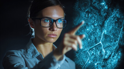 Focused woman with glasses interacts with digital map, showcasing advanced technology and data analysis. Her expression reflects determination and intelligence in modern workspace