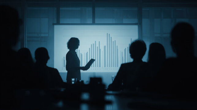 Silhouette of businesswoman presenting data in dark conference room, with projection of bar graphs illuminating background. atmosphere conveys professionalism and focus