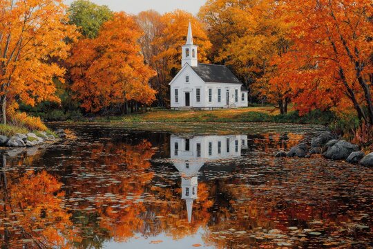 Charming white church reflected in a tranquil pond surrounded by vibrant autumn foliage