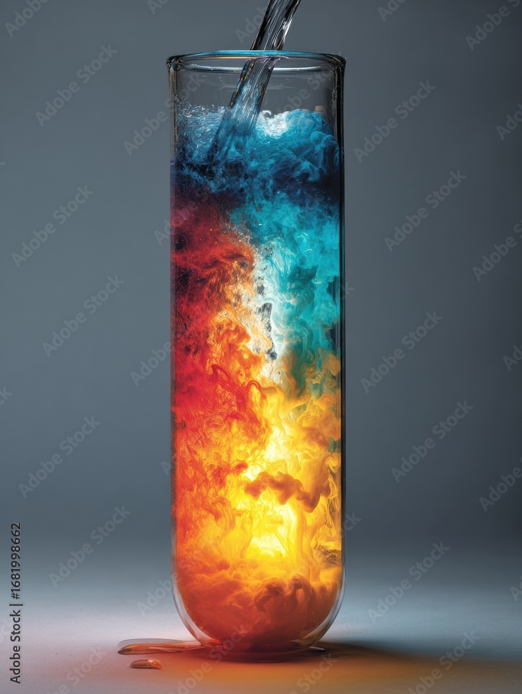 Poster water flows into a transparent glass container, creating a striking display of vibrant colors as the