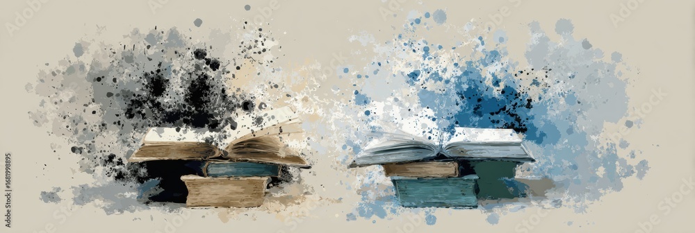 Aufkleber two open books rest on stacks of volumes, surrounded by a textured watercolor background in contrast
