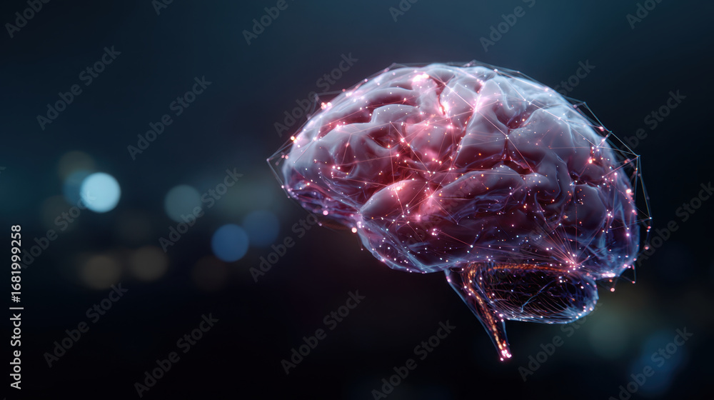 Poster digital representation of brain, showcasing intricate neural connections and glowing nodes, symboliz