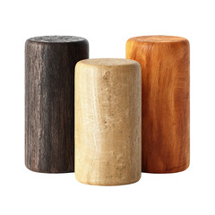 Three cylindrical wooden blocks various wood tones natural textures