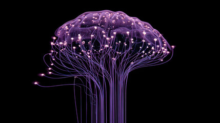 Vibrant, abstract representation of brain with glowing neural connections, showcasing blend of purple hues against black background. This evokes sense of creativity and innovation