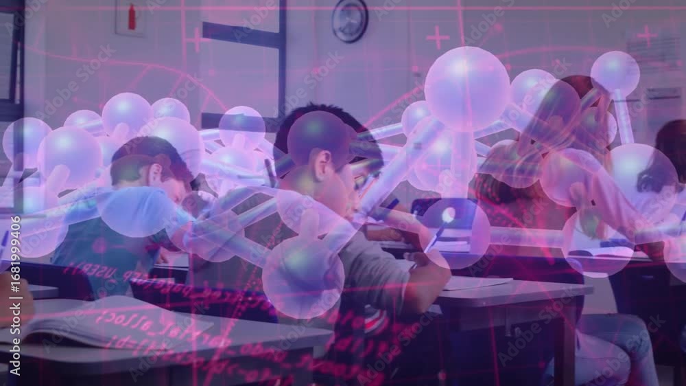 Aufkleber upon molecular network drifting into view pupils in class writing with overlay highlighting science