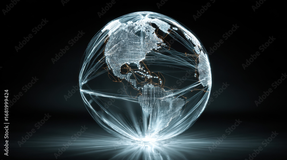 Poster digital globe illuminated with interconnected lines representing global connectivity and technology.