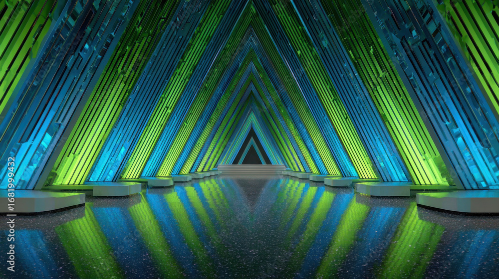 Poster vibrant, modern architectural space featuring triangular patterns and illuminated walls shades of gr