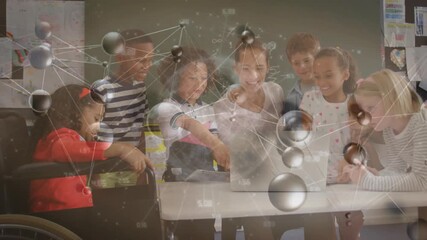 Teacher clicking laptop showing molecular network and students pointing tablets exploring science - Powered by Adobe