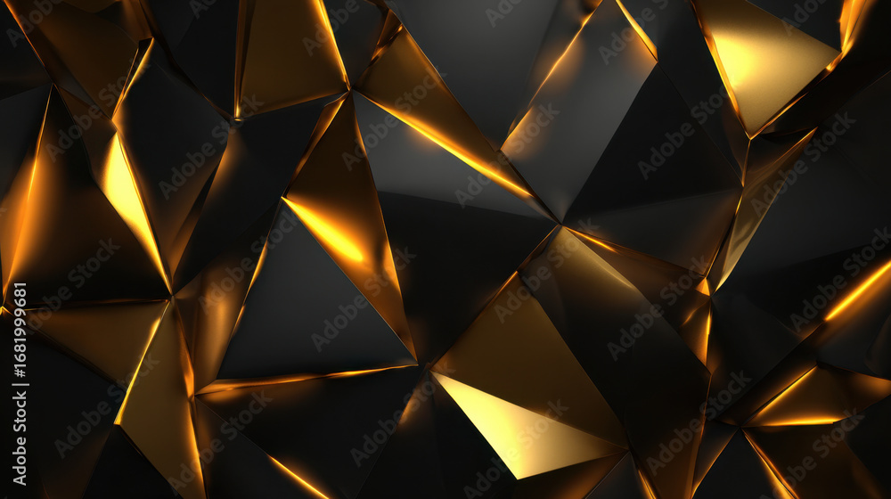 Poster shiny gold and black geometric shapes create striking abstract background, showcasing blend of sharp