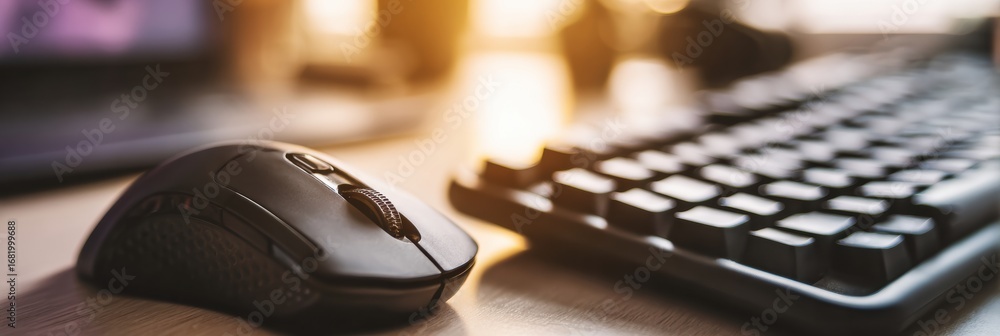 Poster a computer mouse and keyboard rest on a wooden desk, bathed in warm light from sunset. the scene evo