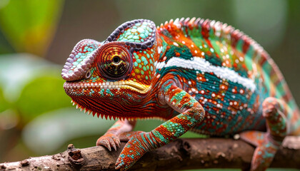 Fototapeta premium Macro photography of a Panther Chameleon perched on a branch, extreme closeup background