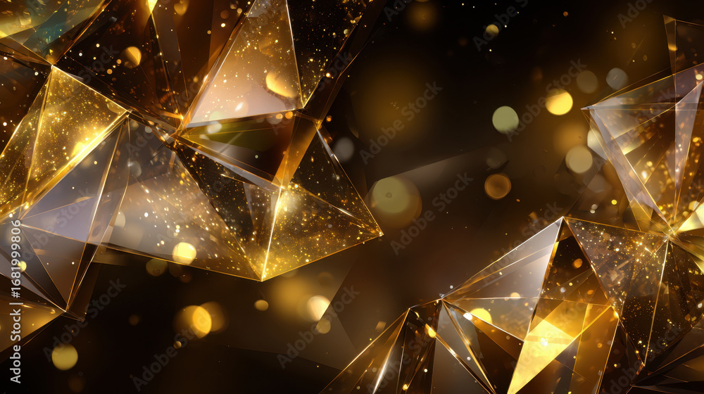 Poster shimmering geometric shapes create stunning visual display, reflecting light and creating sense of d
