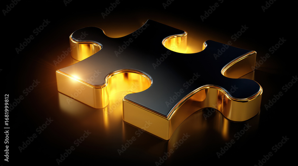 Poster shiny golden puzzle piece stands out against dark background, reflecting light and creating elegant 