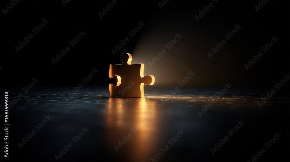 Poster single glowing puzzle piece stands out against dark background, symbolizing idea of finding missing 