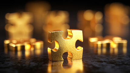 Golden puzzle piece stands out among blurred background pieces, symbolizing uniqueness and connection. This evokes sense of completion and achievement
