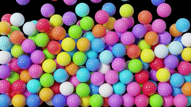 Colorful golf balls falling in seamless loop animation on background.