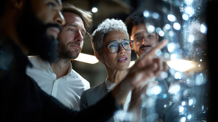 Innovative team collaborating on project, analyzing data on digital screen. diverse group displays focus and engagement, showcasing teamwork and modern technology in professional setting