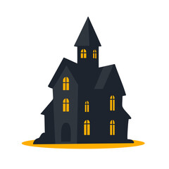 Tall haunted house with tower and glowing windows for halloween spooky design