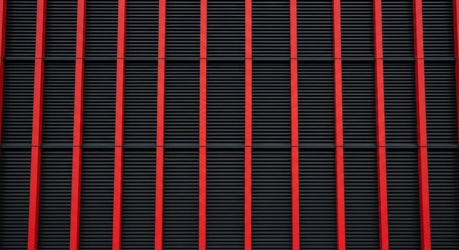 Modern architectural facade with black horizontal panels and red vertical lines