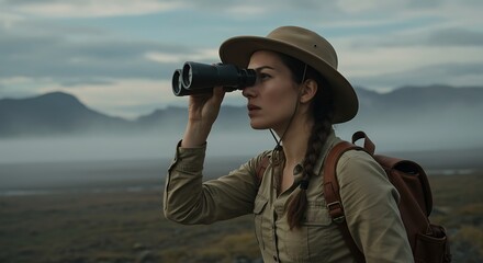 Obraz premium Woman exploring nature with binoculars.