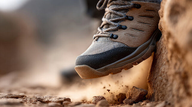 Close up of hiking boots on rocky terrain: adventure and stability in nature - Powered by Adobe