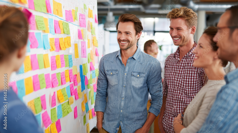 Poster creative team collaborating on project, smiling and discussing ideas in modern office environment. c