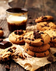 Fototapeta premium A stack of warm, delicious chocolate chip cookies sits on parchment paper, accompanied by a glass of creamy beverage and more chocolate pieces, creating a delightful still life.