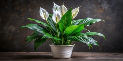 White peace lily flowers with delicate purple stripes and glossy leaves in a dark pot