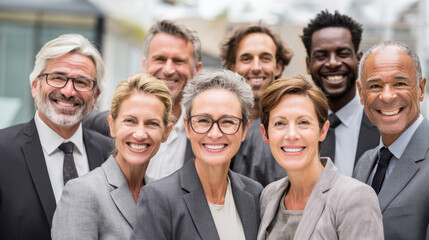 Fototapeta premium Professional group portrait featuring diverse individuals smiling confidently in business attire. image conveys sense of teamwork, collaboration, and positivity in corporate environment