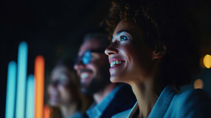 Smiling woman with curly hair enjoys vibrant atmosphere, surrounded by friends. colorful lights create joyful ambiance, enhancing experience of togetherness and happiness