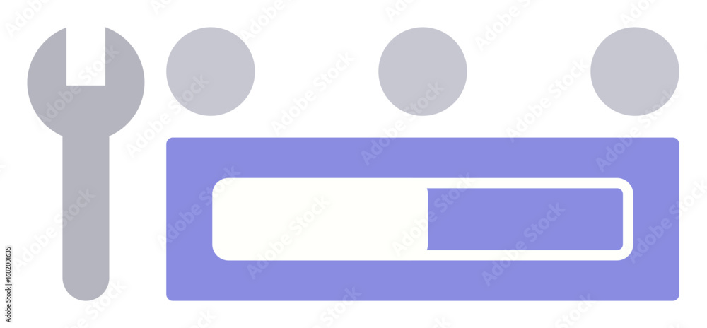 Poster wrench beside partially filled loading bar and three user icons, symbolizing progress, teamwork, and
