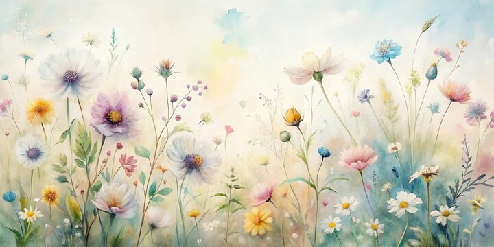 D?licate aquarelle painting of wildflowers in soft pastel colors on a white background with subtle texture and gentle brushstrokes