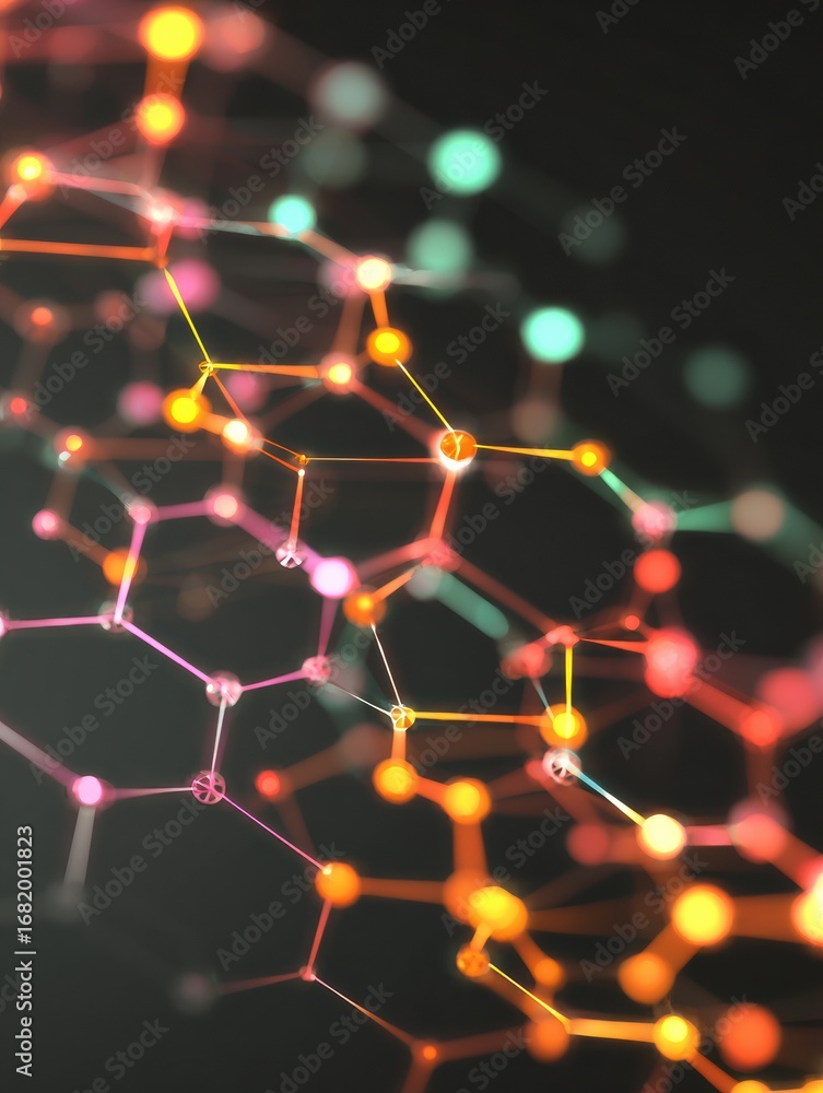 Poster glowing nodes connect in a vibrant molecular structure displaying an abstract design that emphasizes
