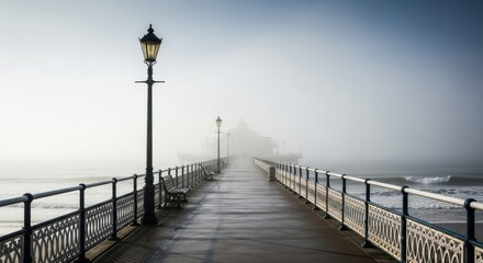 Foggy morning on a seaside pier with vintage street lamps and calm ocean waves