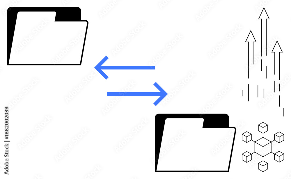 Poster two folders connected by double arrows represent data transfer. abstract visuals suggest cloud migra