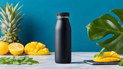 Obraz premium Sleek black bottle stands on marble surface surrounded by fresh mango slices, halved lemon, pineapple, and green leaves against vibrant blue background