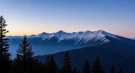 Sunrise over snow-capped mountain range and forest silhouettes