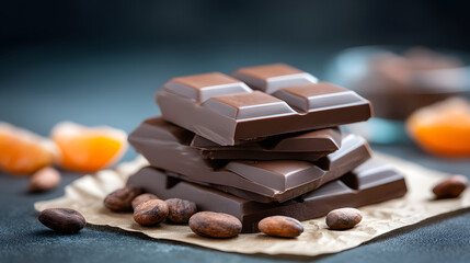 Stack of rich, dark chocolate bars sits on crumpled parchment, surrounded by cocoa beans and blurred orange slices, creating tempting and luxurious scene