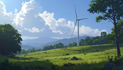 Rural landscape with wind turbine