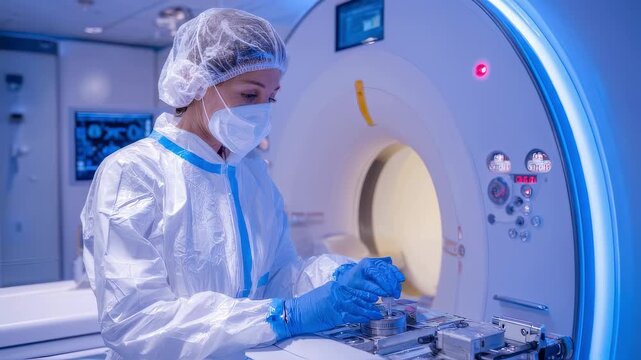 MRI safety specialist verifies ferromagnetic detector gate functionality minimizing risks in magnetic imaging zones with indistinct medical instruments in rear.