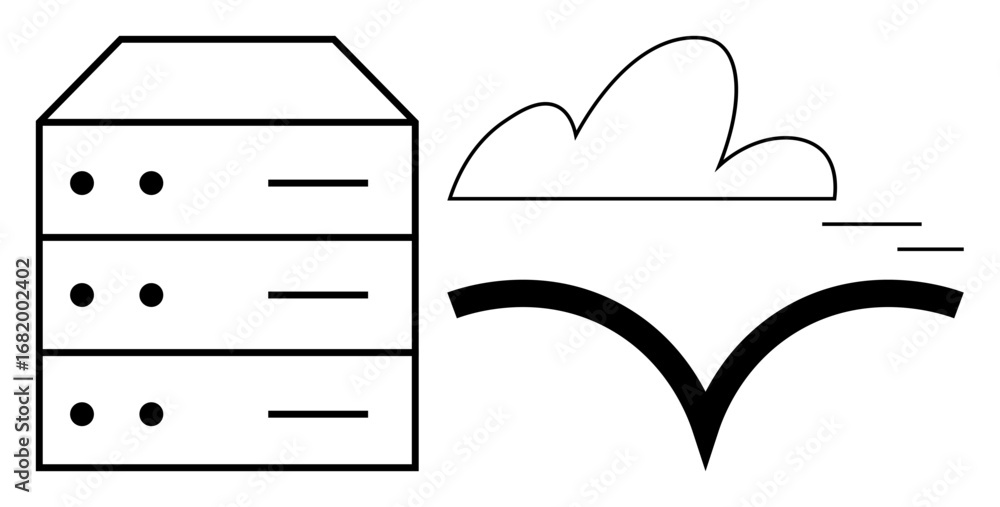 Poster server stack connected to cloud with dynamic arrow symbolizing data migration and digital flow. idea