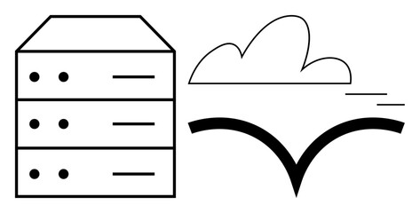 Server stack connected to cloud with dynamic arrow symbolizing data migration and digital flow. Ideal for technology, networking, data storage, cloud computing, information sharing, mobility, simple