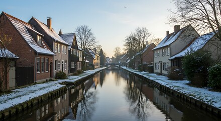 Obraz premium Winter Canal Scene in a European Town.